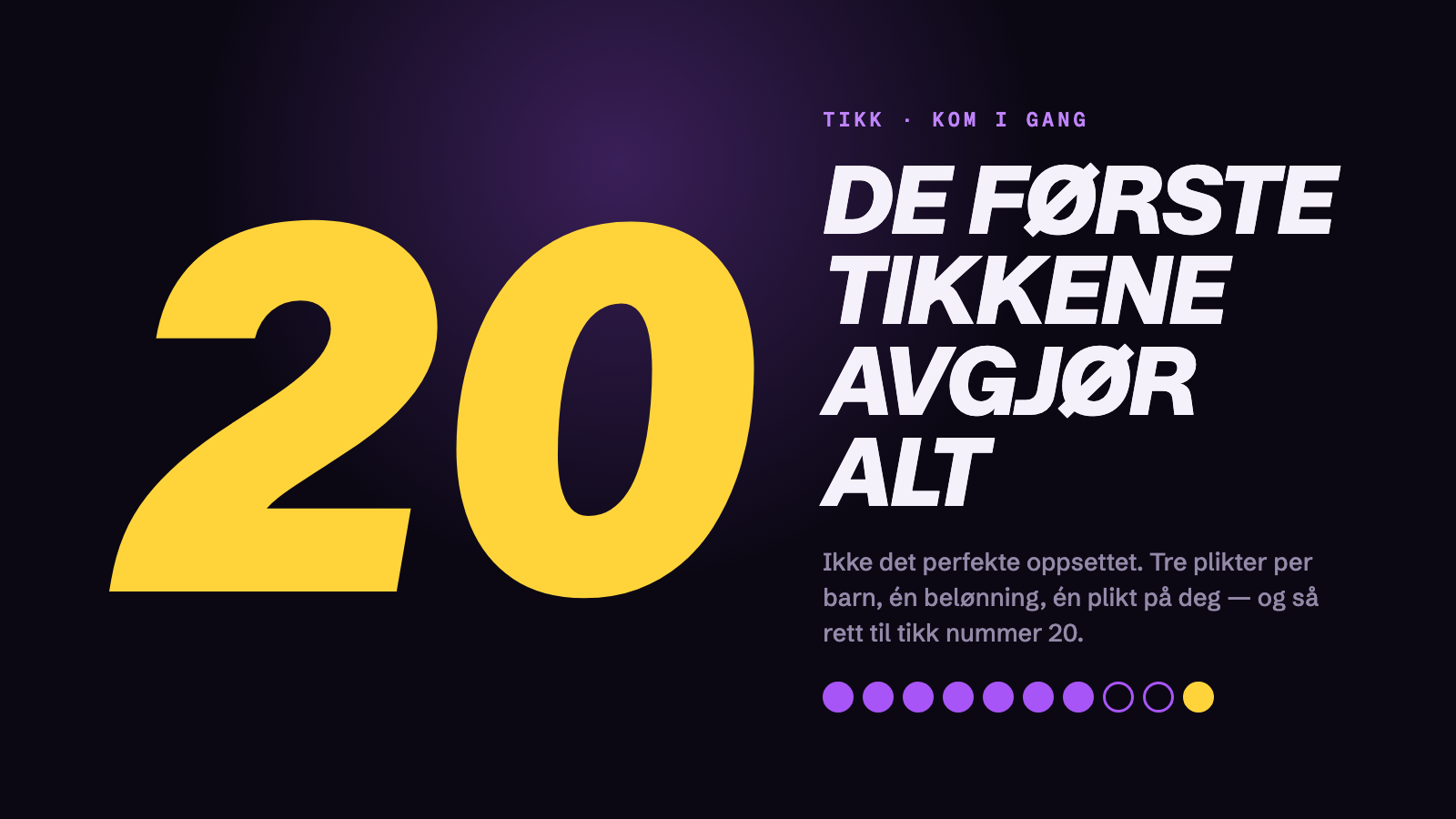 Tallet 20 i gull ved siden av teksten «De 20 første tikkene» i Tikk-stil.