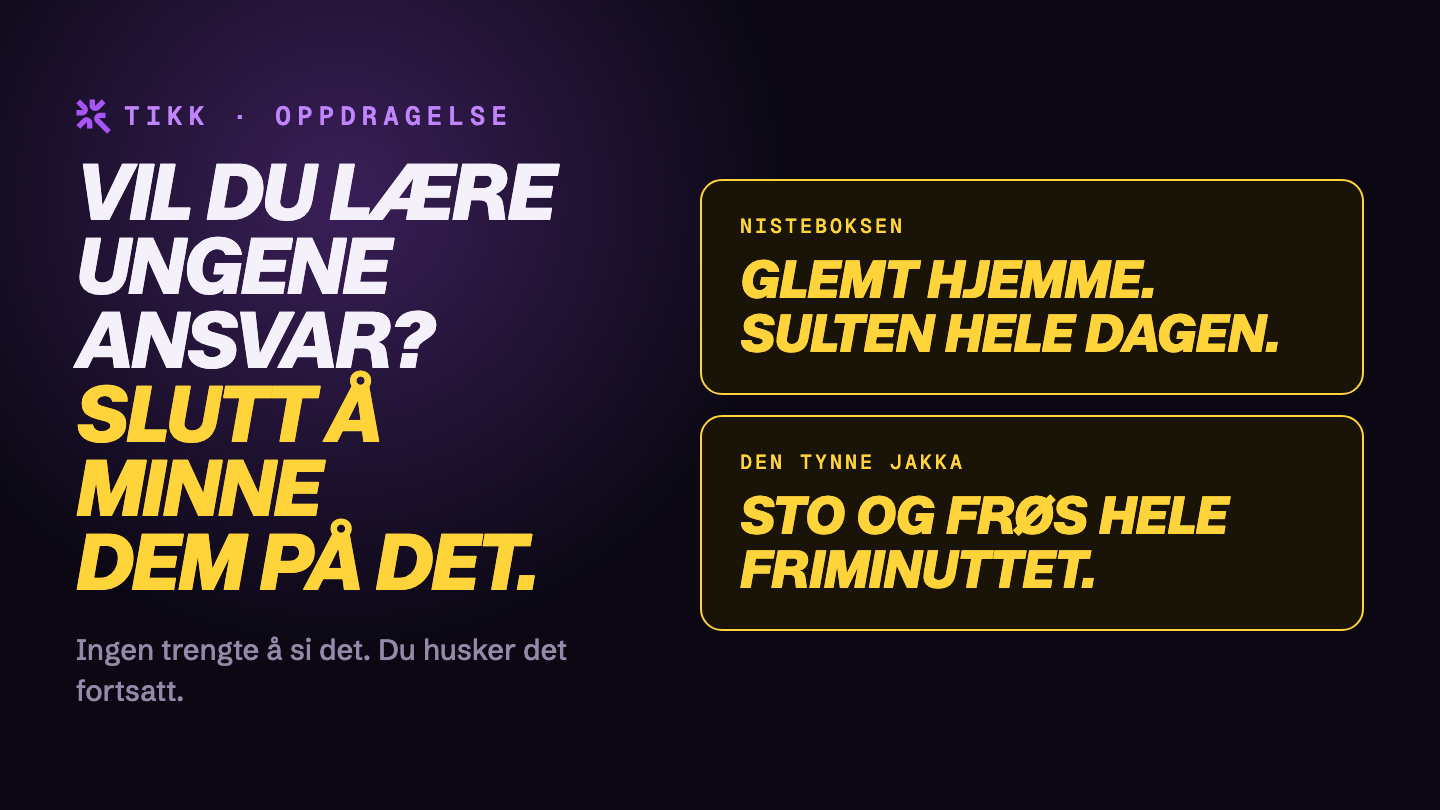 Nisteboksen: glemt hjemme, sulten hele dagen. Den tynne jakka: sto og frøs hele friminuttet.