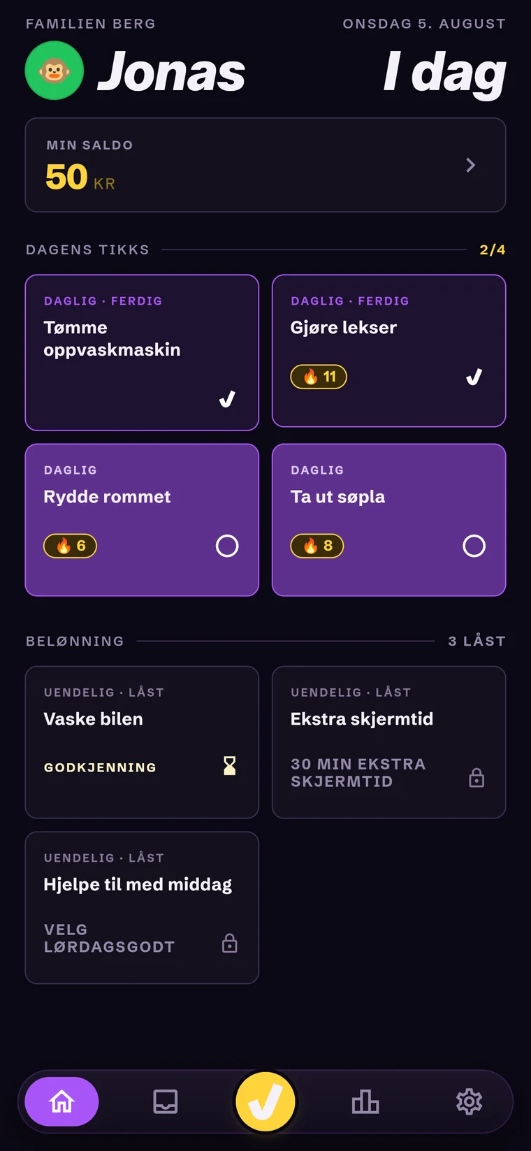 Barneprofil i Tikk: plikt-oppgaver må gjøres før belønnings-tikks låses opp