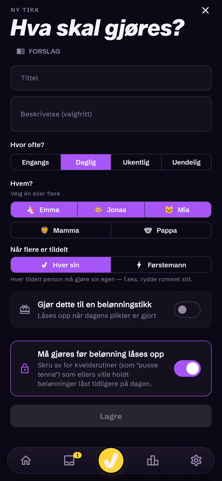 Opprett ny tikk i appen — oppgavetype, frekvens og tildeling til profil